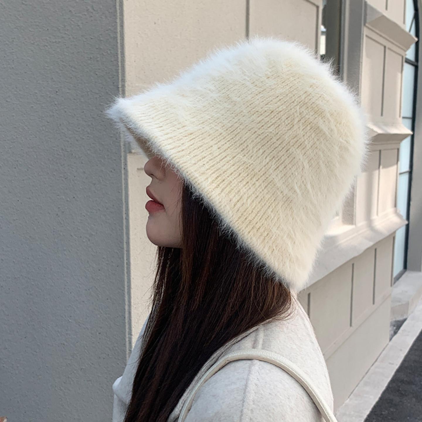 渔夫帽子女秋冬季韩版百搭毛绒针织水桶帽保暖护耳显脸小盆帽