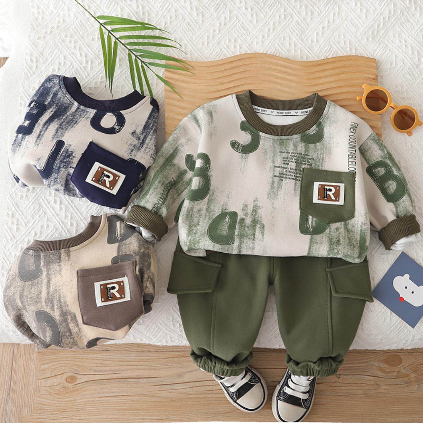 男童春秋季2026休闲套装男宝宝新款1-5岁长袖满印字母卫衣两件套