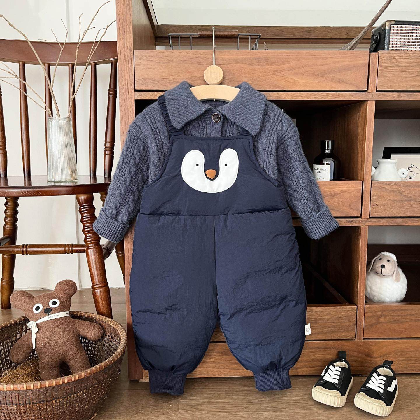 婴儿冬季夹棉背带裤男童卡通动物加厚保暖冬装棉裤宝宝可爱束脚裤