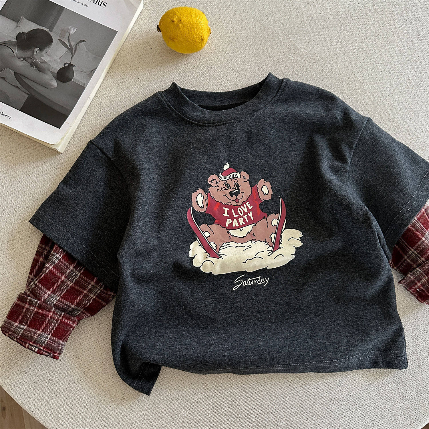 小布熊男童长袖t恤春秋装2026新款男孩假两件全棉格子儿童上衣潮