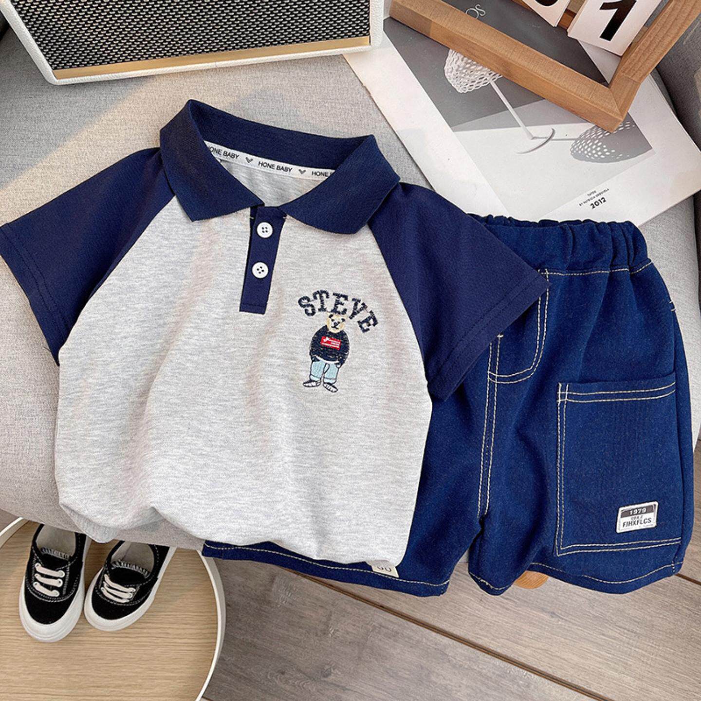 夏季男童短袖套装2025新款男宝翻领卡通T恤韩版明线短裤夏装两件