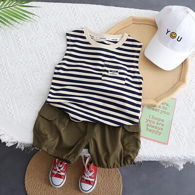 男童夏装套装2025夏季新款无袖条纹上衣儿童洋气炸街工装裤两件套