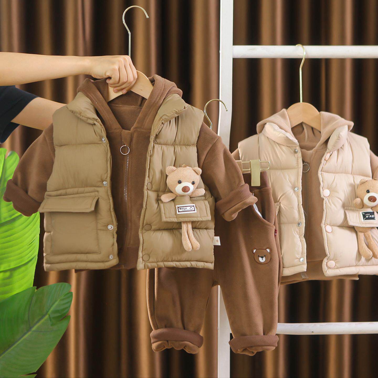 宝宝加绒脚丫熊棉服套装加厚2儿童衣服男童秋冬童装1岁婴儿冬装