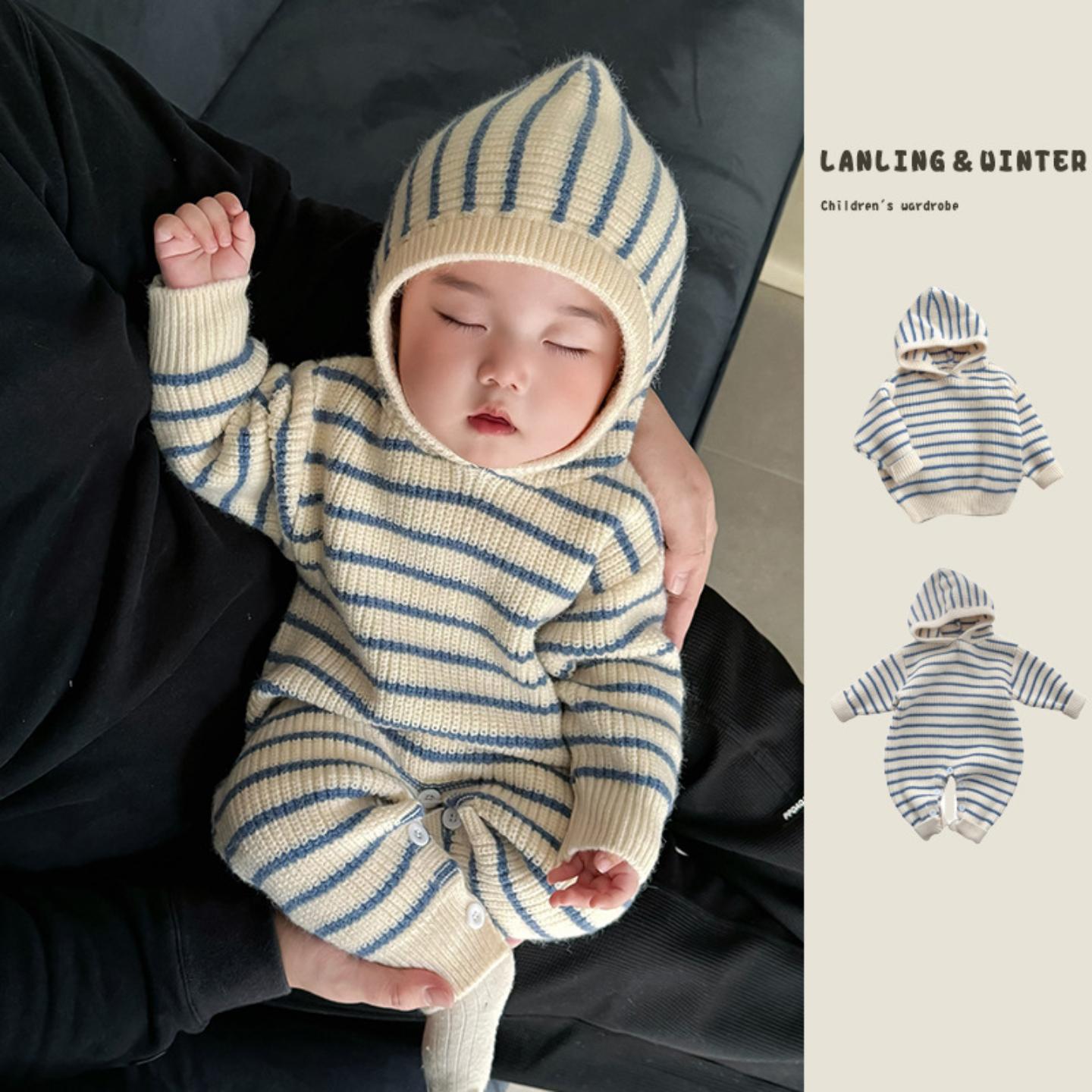 韩版婴儿连体衣秋冬装男女宝宝条纹毛衣保暖爬服新生儿针织包屁衣