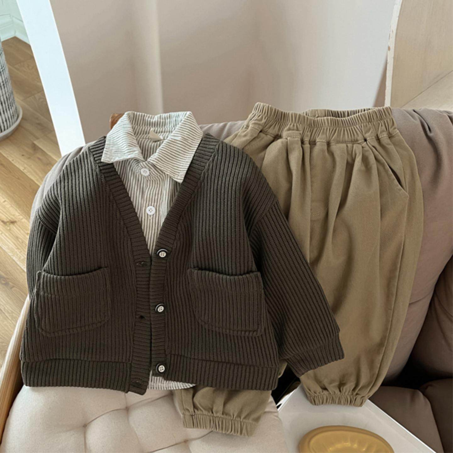 男童套装2026春季新款洋气针织外套中小童韩版衬衫长裤三件套