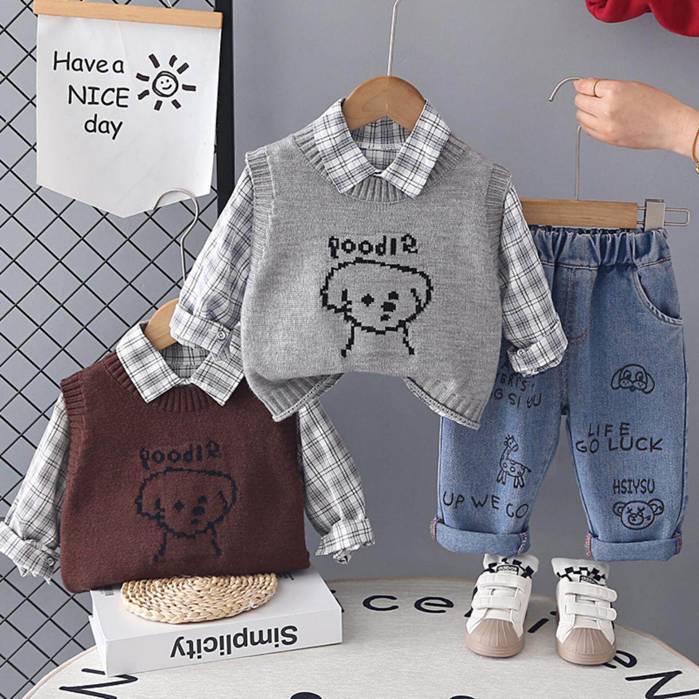 男童春装套装2026新款婴儿童春秋小狗毛衣马甲三件套男宝宝可爱潮