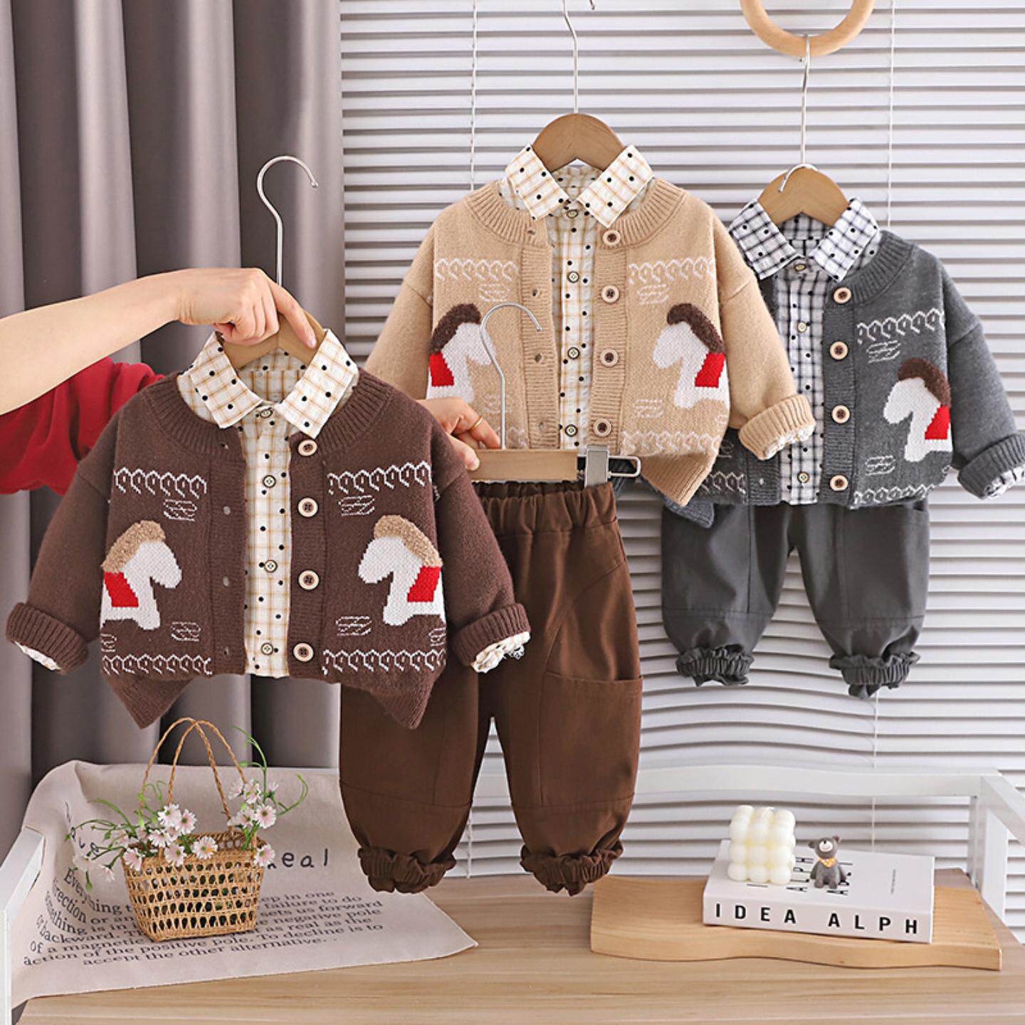 男童春装套装2026新款酷帅4毛衣开衫三件套春秋潮1岁儿童衣服男宝