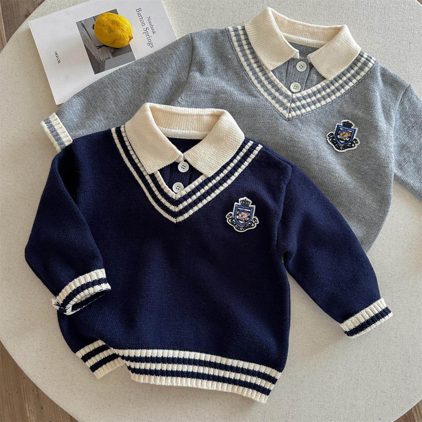 男童假两件秋冬新款学院风百搭时髦酷帅针织开衫外套洋气小童毛衣