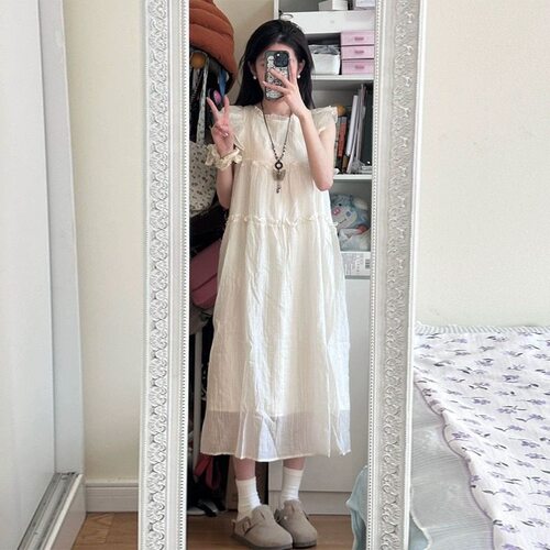 法式甜美初恋复古小飞袖杏色连衣裙女夏季新款温柔风宽松显瘦长裙