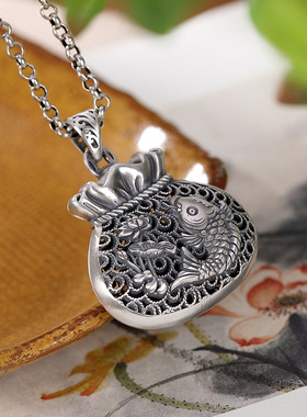 香包复古福袋银吊坠女999纯银个性鲤鱼吊坠长款项链龙凤吉祥镂空