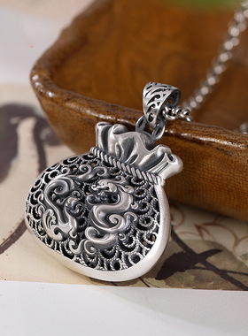 香包复古福袋银吊坠女999纯银个性鲤鱼吊坠长款项链龙凤吉祥镂空