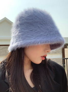 Hat winter womens fashion Solid color rabbit fur hat bucket