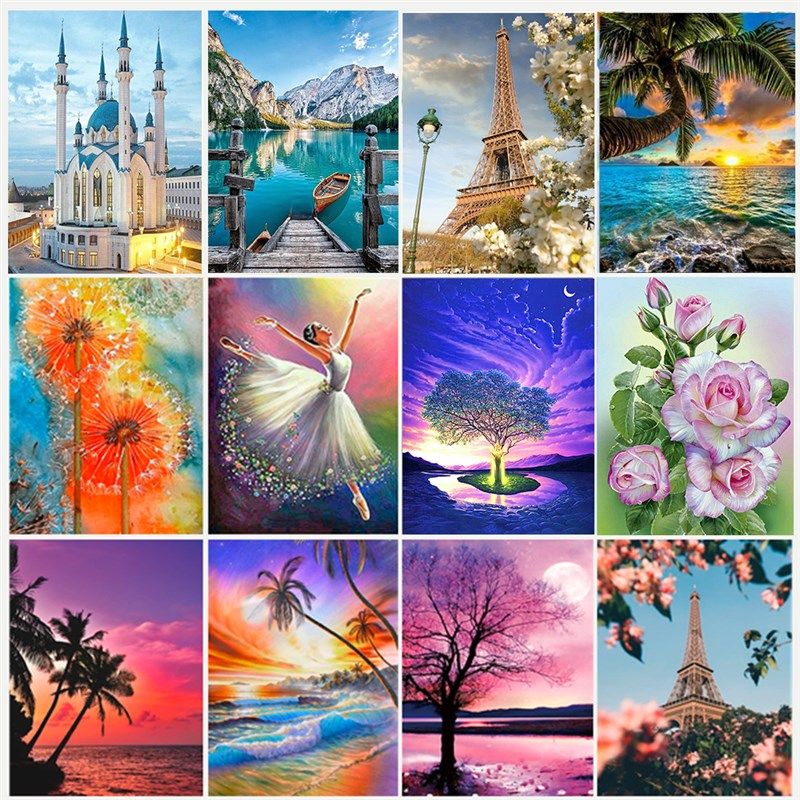 5D DIY Landscape Diamond Painting Sunset Sea Tree Flower Dia