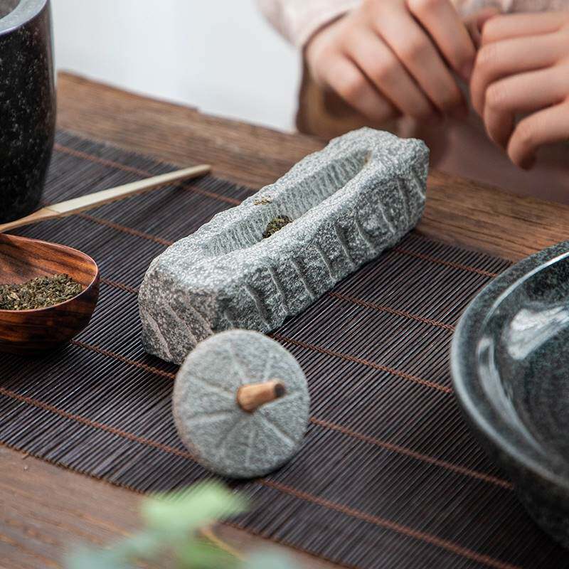 极速青石碾子茶磨中式复古磨茶粉碾压器茶道点茶小石臼捣药茶具摆