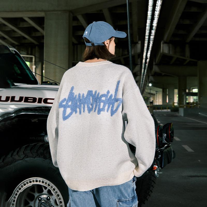 SUAMOMENT 抓痕马赛克字母印花毛衣男女秋冬季套头毛针织衫上衣