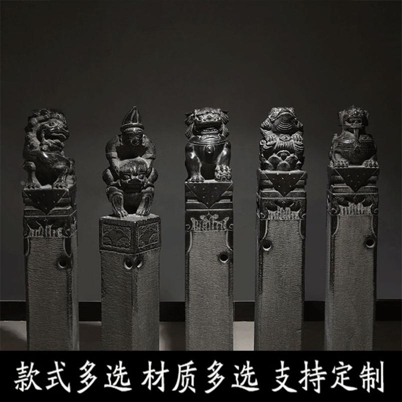 狮子栓马桩石雕中式仿古石狮子栓马柱摆件室内玄关布景做旧栓马桩