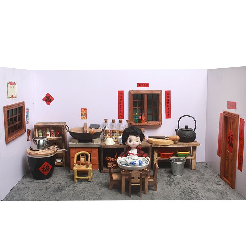 食玩小孩子迷你厨房炉子小房子餐台木桌碗碟柴火火锅煎煮餐具微缩