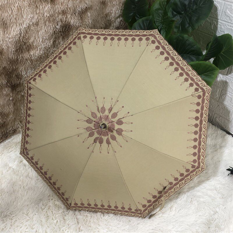 极速古董收藏小洋伞棉布刺绣遮阳伞日系伸缩杆竹手柄手动长柄伞复