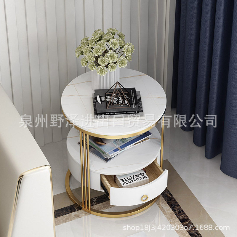 轻奢岩板双层床头柜北欧ins 迷你收纳柜简约现代卧室圆床边储物柜