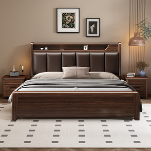 现代新中式实木床1米8次卧家用软包1米5的双人床高箱床床头储物床