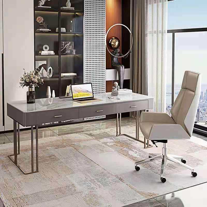 轻奢岩板书桌台后现代简约台式电脑桌椅组合办公桌家用书房写字台