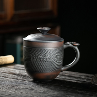 紫陶茶杯男個人專用辦公室茶水分離泡茶杯帶蓋單個陶瓷防燙馬克杯