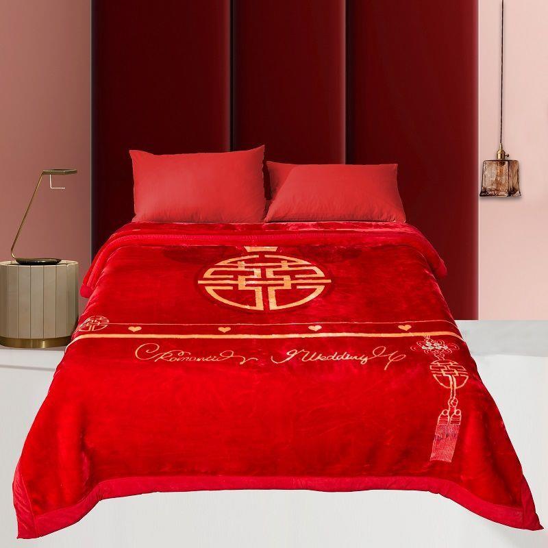 毛冬加厚双层双人婚庆大红色云毯结婚斤十遥伊供应斤季盖毯毯子被