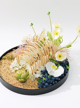 新中式大圆桌中间转盘摆花样板房酒店餐桌高端餐厅软装仿真花摆件