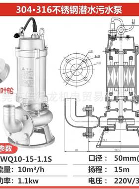 不锈TTGS钢304潜污水泵50WQ10-10-0.755-0WQ15-10-1.和1S和50WQ15