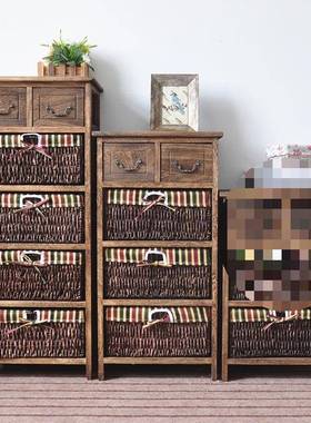 复古田园床柜实头木32096简易小柜纳子40窄做旧藤收储物柜多编功