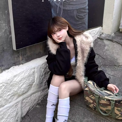 美式座山雕猫耳朵毛领连帽棉服女冬季新款加绒加厚夹克棉衣外套潮