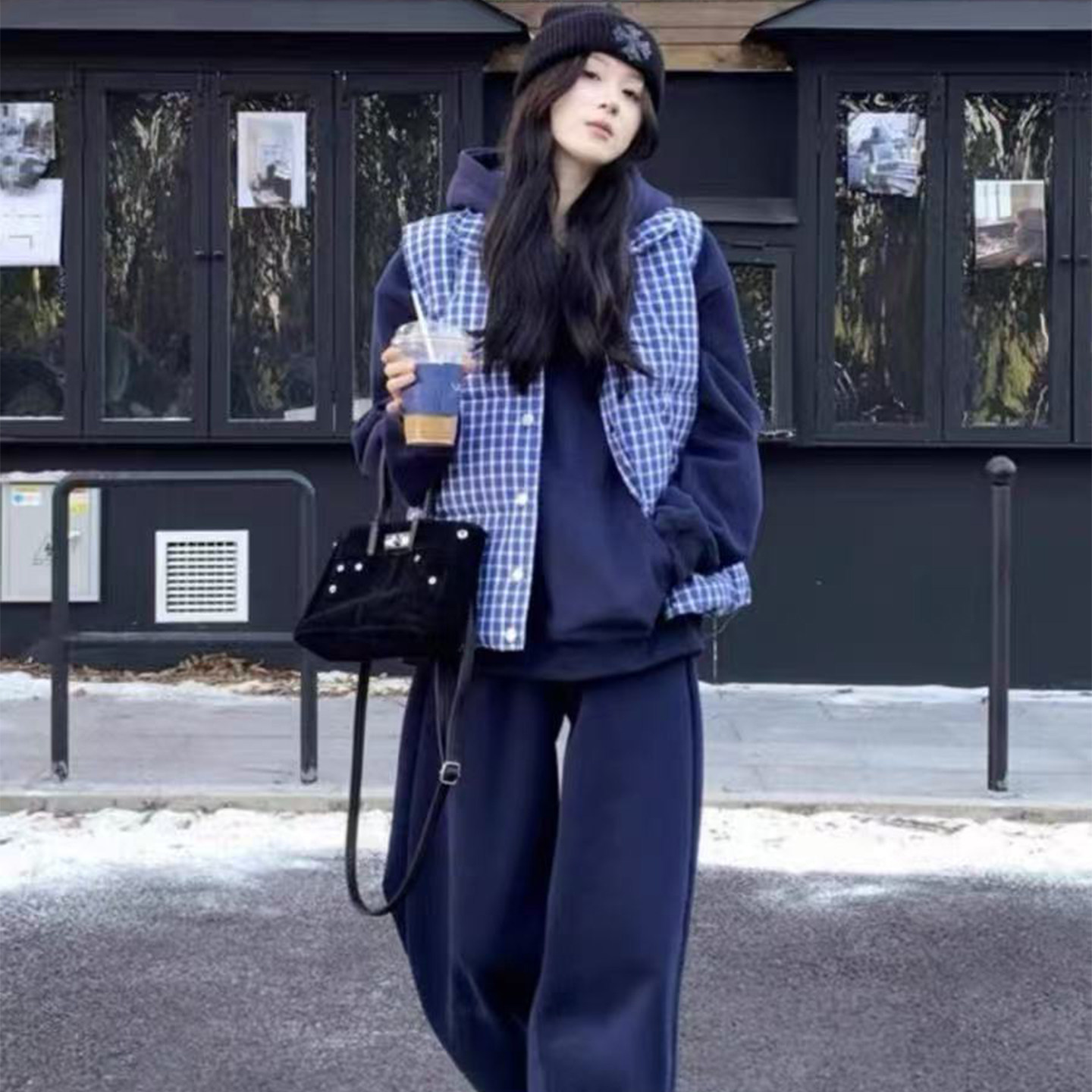 美式复古穿搭运动服套装女秋冬季加厚加绒连帽卫衣卫裤休闲三件套