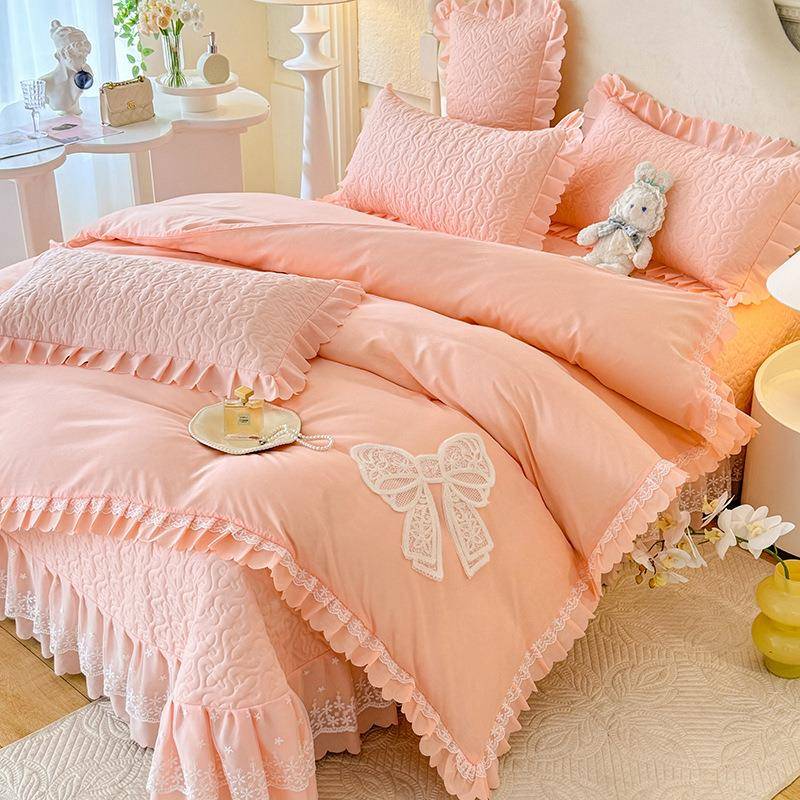 轻奢防滑床盖四件套法式公主风高档纯色韩版花边夹棉床单家纺