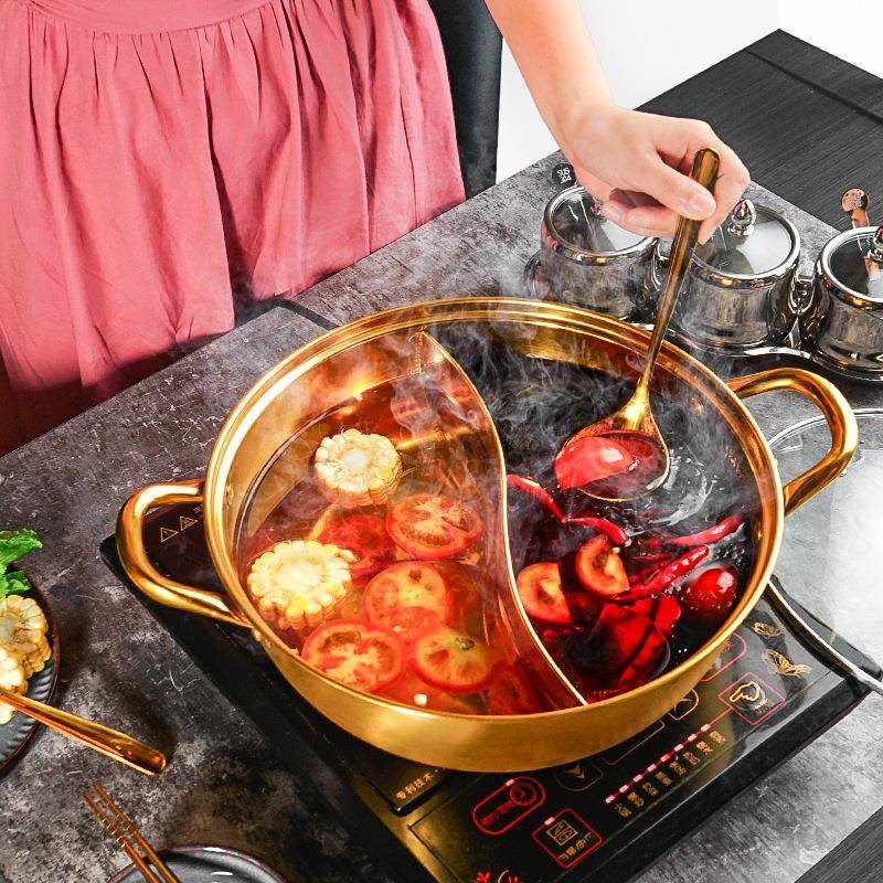 304家用不锈钢火锅电磁炉串串锅加厚复底打边炉锅清汤双耳鸳鸯锅