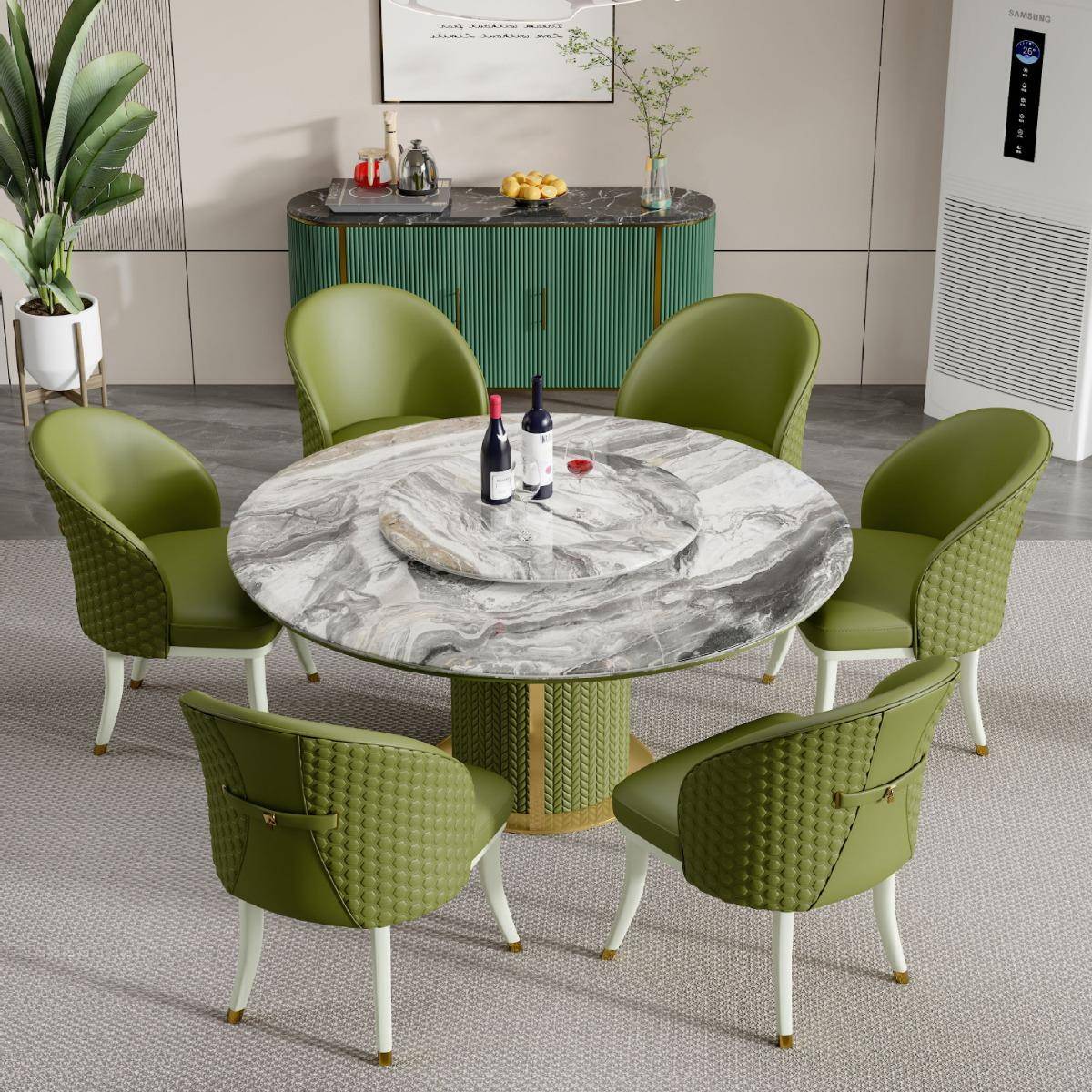 意式轻奢风餐桌椅组合餐厅别墅天然大理石圆形简约餐桌家用吃饭桌