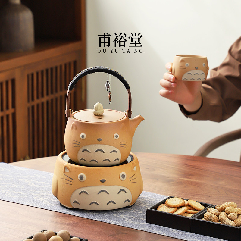 甫裕堂原矿粗陶新款萌猫智能电陶炉围炉煮茶套装家用室内煮茶器具