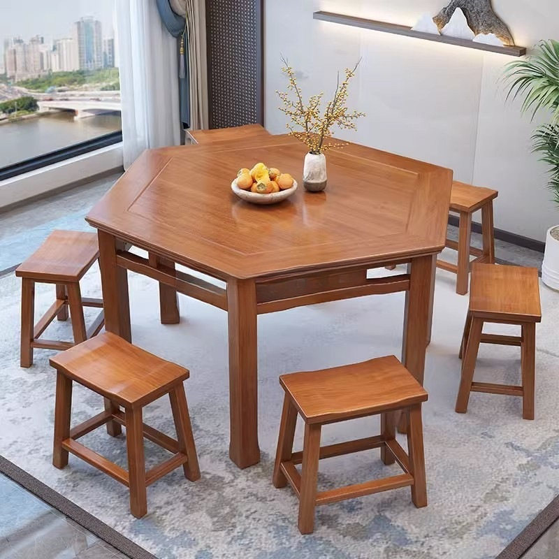 新中式实木六角岩板桌六边形桌餐桌椅子饭店用原木茶楼吃饭餐桌子