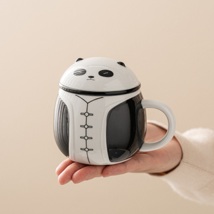 速发创杯熊猫泡茶杯陶瓷带盖过杯茶意家用泡茶水杯办公室茶水分离