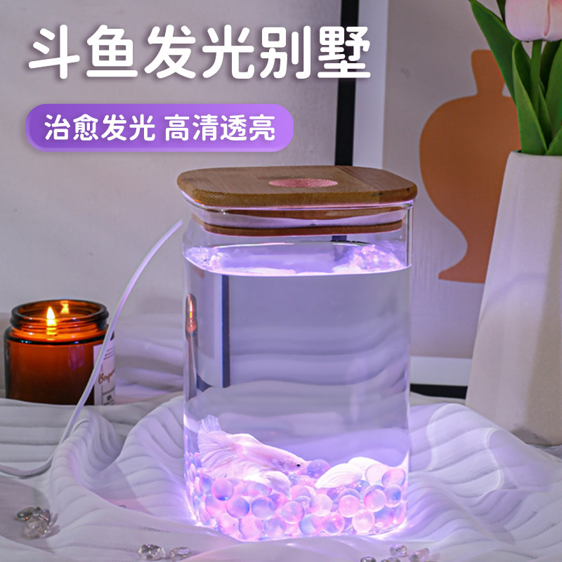 速发斗鱼缸迷你小型玻璃缸客厅桌面微景观办公室水族箱圆柱瓶带灯