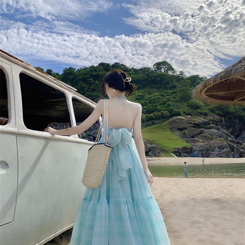 现货速发风信紫薄荷绿V领挂脖吊带海边氛围感长裙多巴胺海边度假图片