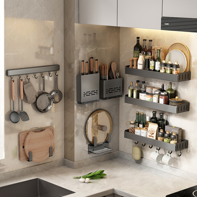 速发枪灰厨房置物架壁挂式免打孔调味料用功大全刀挂架架多品能收