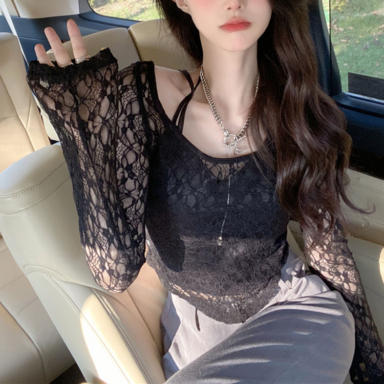 速发性感薄款蕾丝黑色圆底露肩长袖纯欲领打风衫t恤上衣士