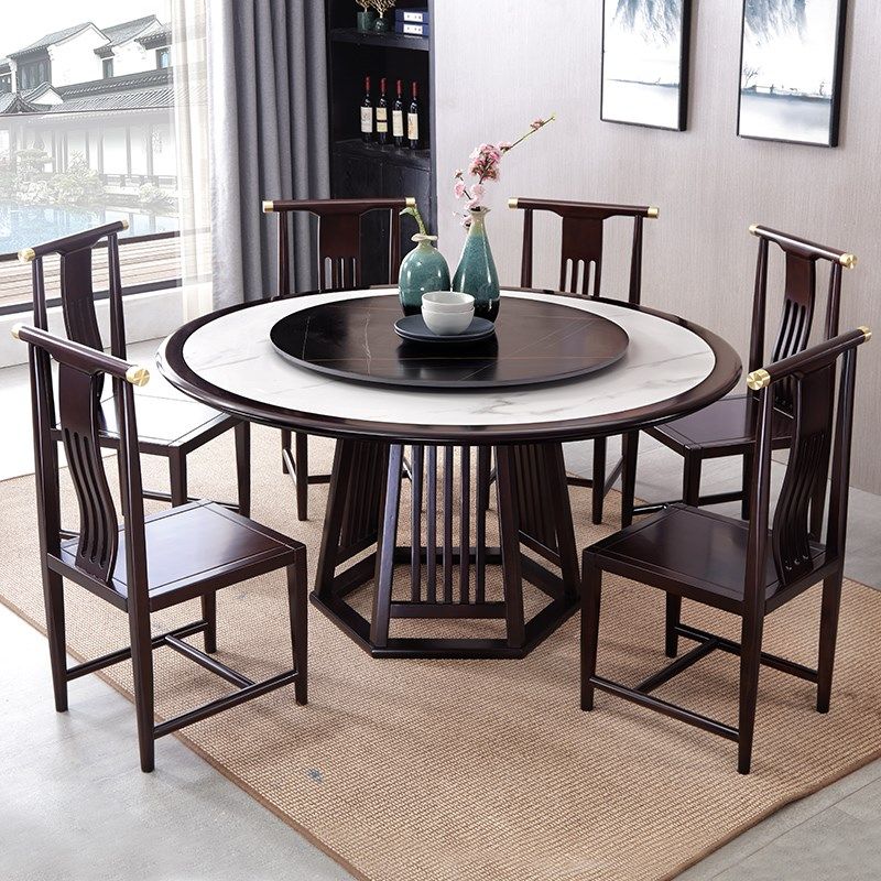 速发新中式实木餐桌岩板圆桌.简圆形家用小型户1极5m8人饭桌餐椅