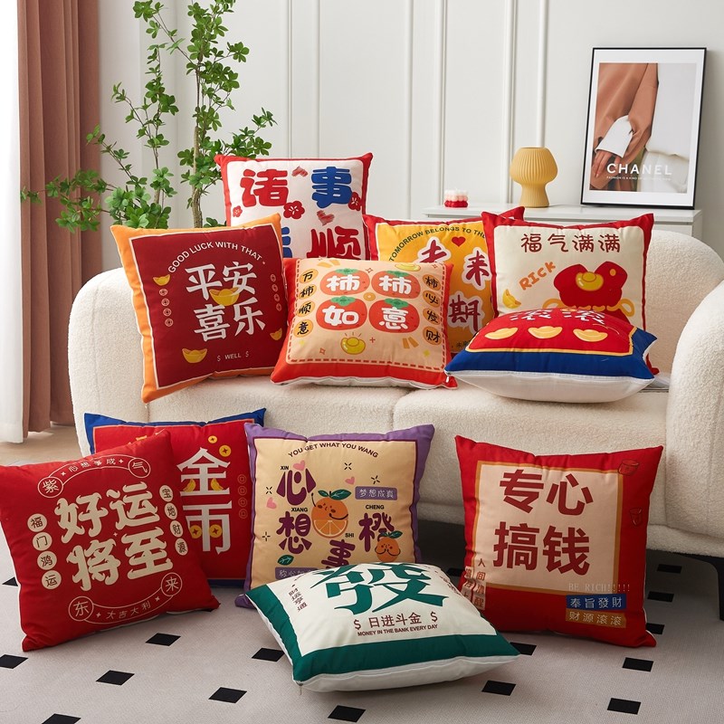 现货速发新款短毛绒国潮文字抱枕家居装饰沙发抱枕发财暴富靠垫护