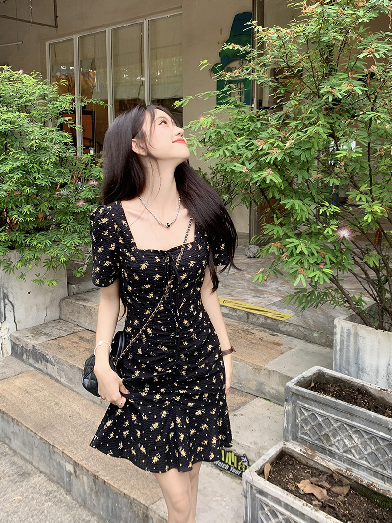 速发大码甜辣子领裙式碎花连衣法夏季裙方遮肚鱼尾短裙