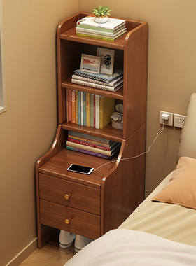 速发简高实木头床柜窄小型卧室床边柜加约书架收纳储物柜子置物架