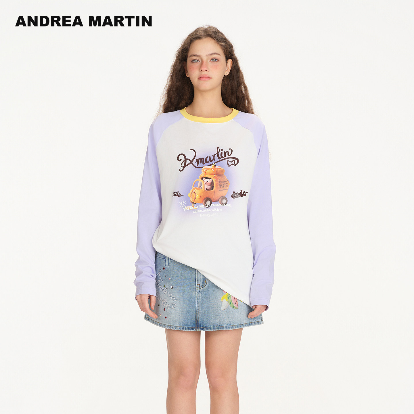 【张泽禹同款】ANDREA MARTIN2026春新款撞色拼接印花长袖休闲T恤