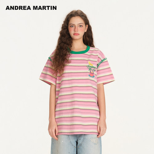 严选ANDREA MARTIN【汪苏泷同款】2026夏新款条纹刺绣贴布短袖T恤