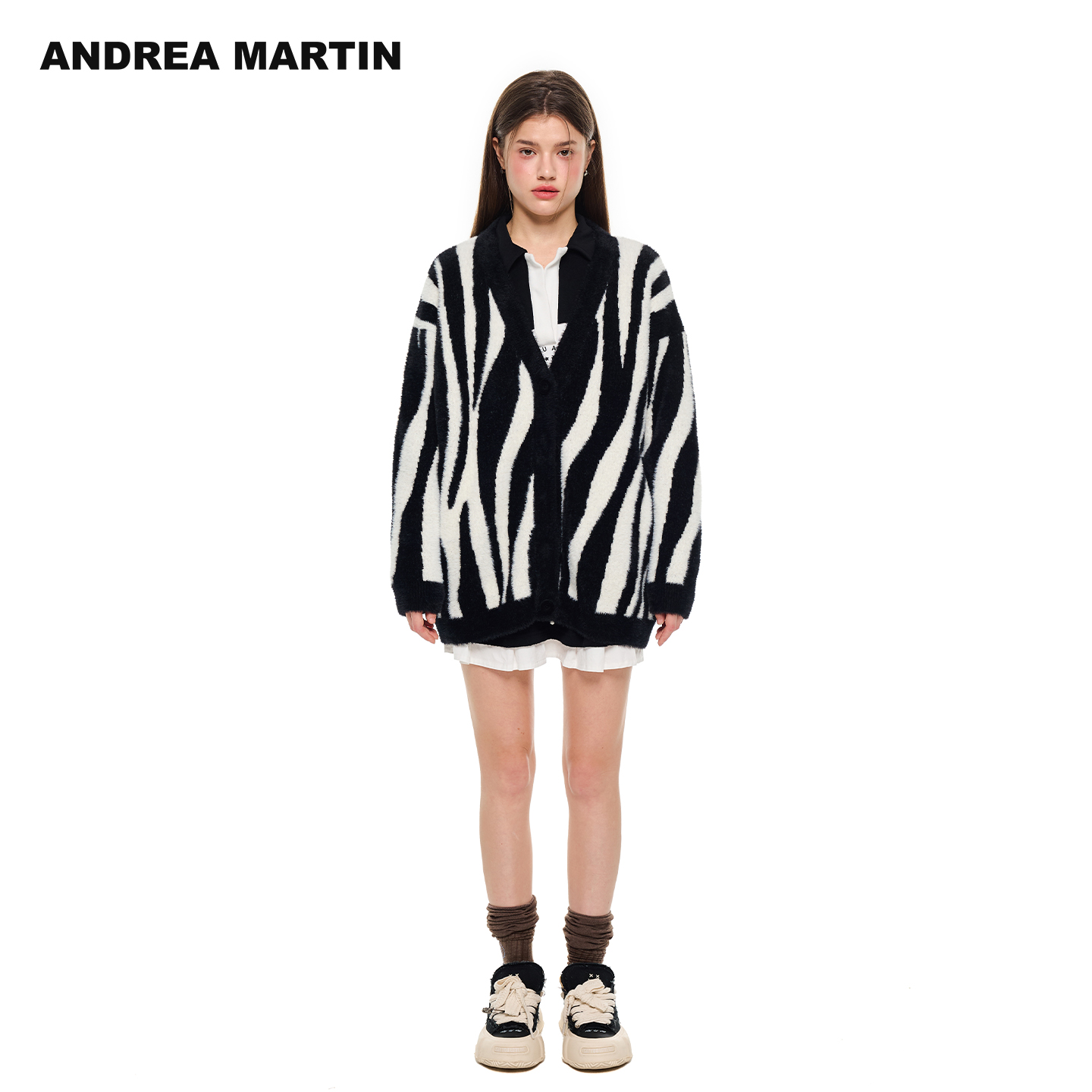 ANDREA MARTIN2025秋冬新款斑马纹针织开衫女宽松百搭毛衣外套