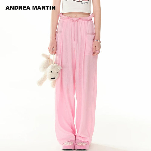 【祝绪丹同款】ANDREA MARTIN新款休闲裤女显瘦松紧阔腿裤
